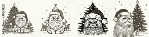 Adorable festive cats wearing Santa hats surrounded by Christmas trees, capturing the joyful spirit of the holiday season.