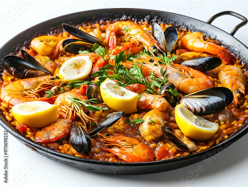 Authentic Seafood Paella Photo - Spanish Cuisine with Shrimp, Mussels, and Lemon