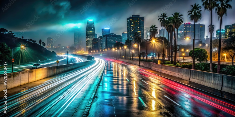Obraz premium Moody Rainy Night Urban Highway Light Trails blur, capturing misty atmosphere, and reflections on wet asphalt, showcasing LA's tranquil, mysterious side.