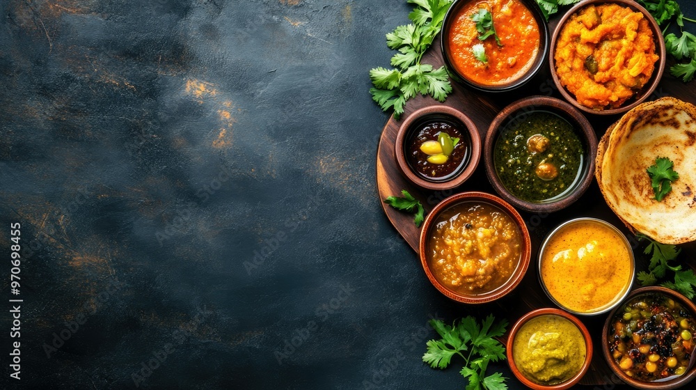 Top view of South Indian breakfast dosa with a variety of accompaniments: sambar, chutney, and pickles. Copy space included. Top view of South Indian breakfast dosa with a variety of accompaniments: sambar, chutney, and pickles. Copy space included.