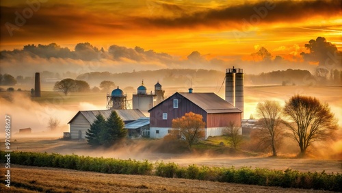 industrial ohio farmland with polluted air, abandoned farms, misty fog, concept of dying american dream, warm orange tones, rural decay photo