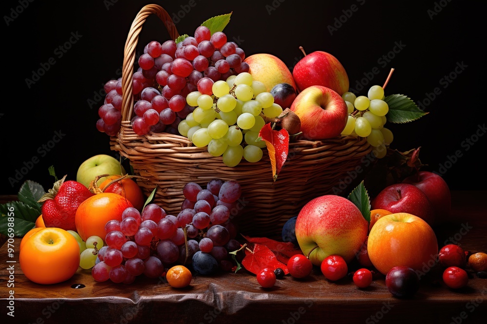 Colorful array of fresh fruits in a wicker basket Colorful array of fresh fruits in a wicker basket
