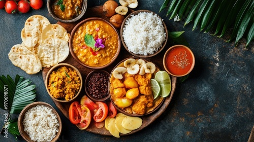 Traditional Sri Lankan breakfast platter with hoppers, dhal curry, and tropical fruits. Top view with room for text. photo