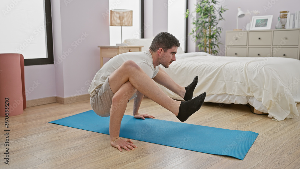 Young man exercises on a blue yoga mat in a modern bedroom, displaying fitness and healthy lifestyle at home. Young man exercises on a blue yoga mat in a modern bedroom, displaying fitness and healthy lifestyle at home.