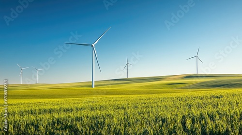 Wind farm in a rural landscape with a clear blue sky, emphasizing renewable energy and sustainability. Copy space.