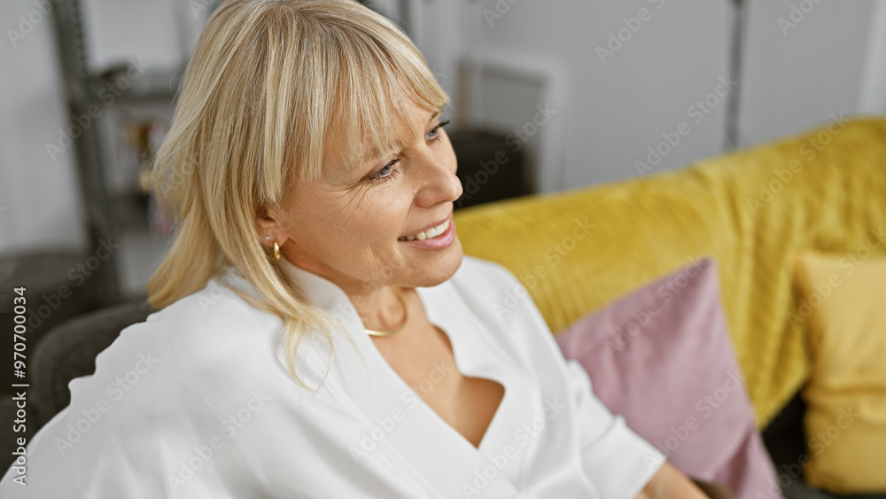 Blonde woman smiling indoors on a yellow couch, radiating casual elegance in a cozy home environment. Blonde woman smiling indoors on a yellow couch, radiating casual elegance in a cozy home environment.