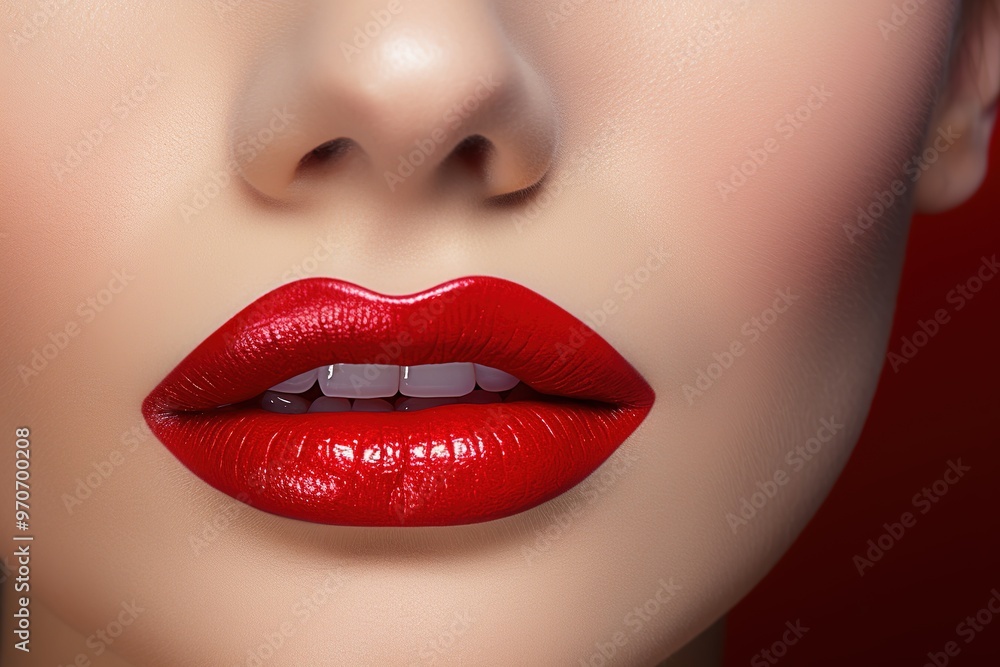 Fototapeta premium Lips with perfectly applied red lipstick
