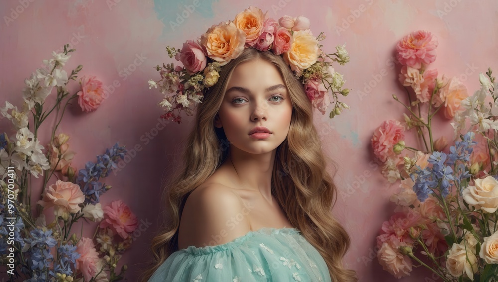 A woman with a flower crown on her head and a cyan dress on a pink background. A woman with a flower crown on her head and a cyan dress on a pink background.