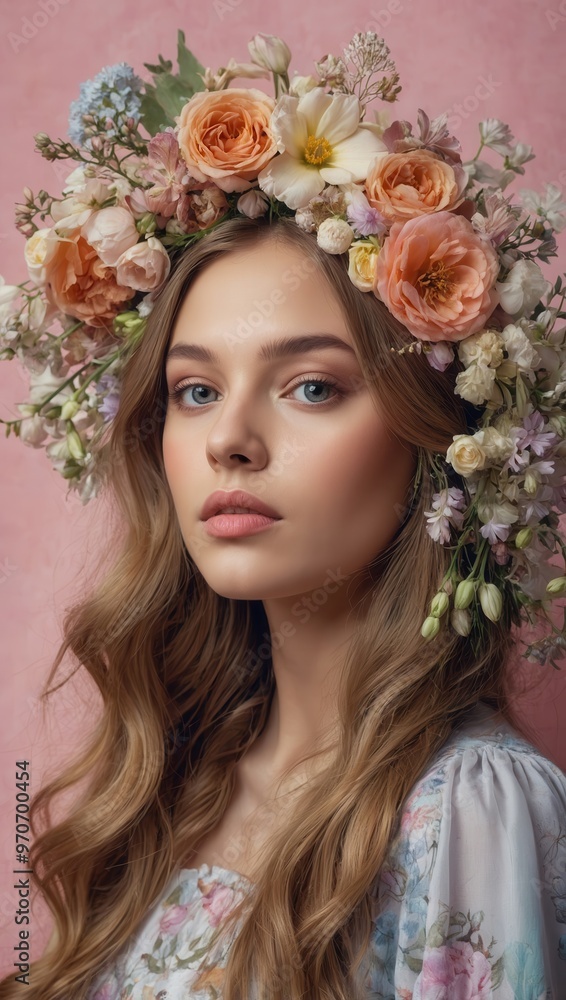 A woman with a flower crown on her head and a floral dress on a pink background. A woman with a flower crown on her head and a floral dress on a pink background.