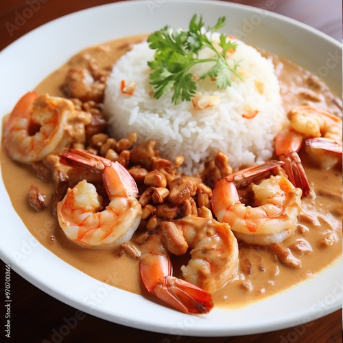 Filipino food, "halabos na hipon," garlic butter shrimp with a serving of rice 