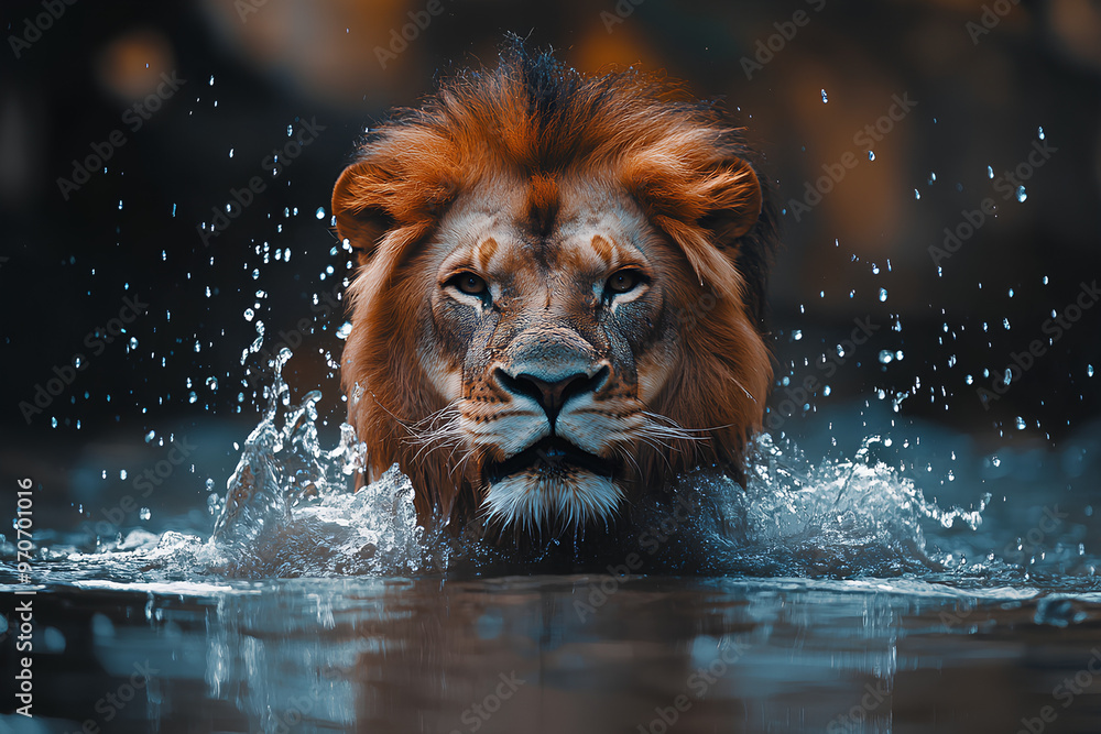 A majestic lion emerging from water, creating splashes, showcasing its power and beauty. A majestic lion emerging from water, creating splashes, showcasing its power and beauty.