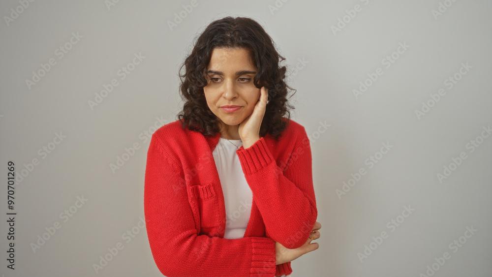 A beautiful young hispanic woman with brunette hair wearing a red sweater poses pensively over an isolated white background. A beautiful young hispanic woman with brunette hair wearing a red sweater poses pensively over an isolated white background.