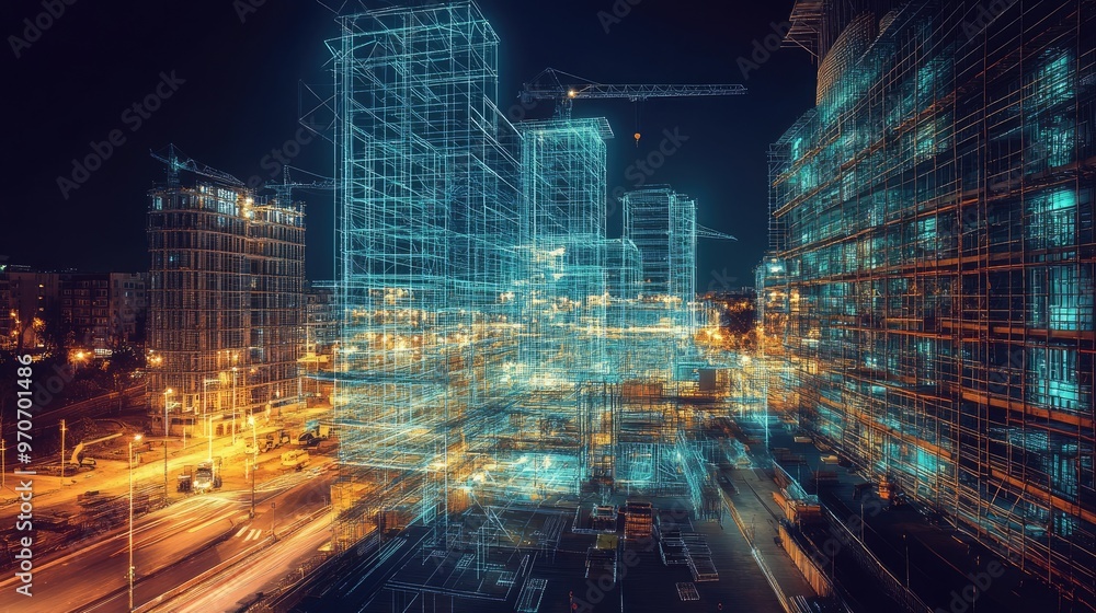 A futuristic cityscape with a glowing wireframe building model overlaid on a real construction site at night. A futuristic cityscape with a glowing wireframe building model overlaid on a real construction site at night.