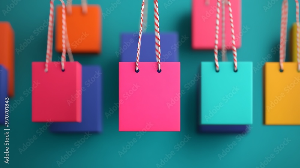 Fototapeta premium A vibrant display of colorful hanging gift boxes in shades of pink, turquoise, orange, and purple against a teal background.