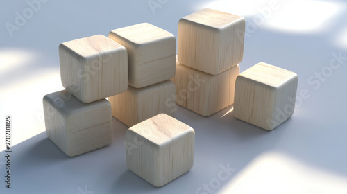 A 3D image shows wooden blocks of the same size, but stacked at different heights. They have shadows and look like natural, painted wood.