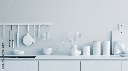 Modern kitchen with wooden shelves, plants, jars, and utensils. Bright , organized, and cozy with natural light and stylish decor. 