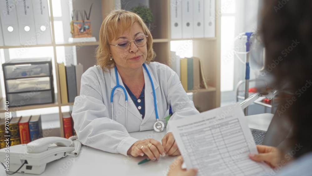 Elderly female doctor with a stethoscope in a hospital room discussing medical documents with a patient. Elderly female doctor with a stethoscope in a hospital room discussing medical documents with a patient.
