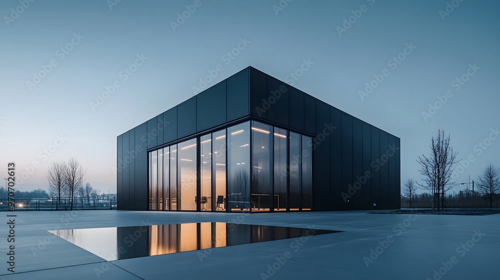 Modern Black Building with Large Glass Windows and a Reflecting Pool Modern Black Building with Large Glass Windows and a Reflecting Pool