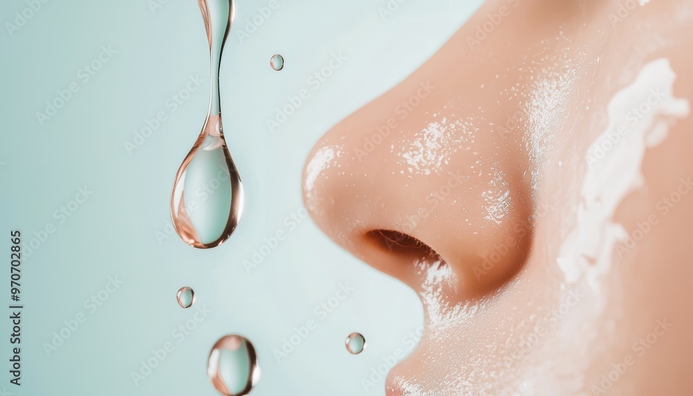 Fototapeta premium Close-up of a woman's nose with water droplets and cream, showcasing skincare and hydration concepts.