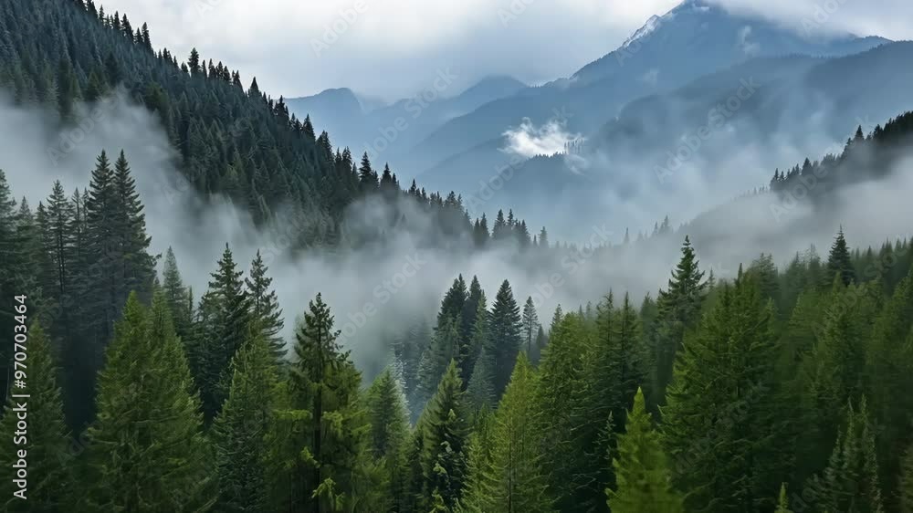 A forest with a misty, foggy atmosphere. The trees are tall and green, and the sky is cloudy A forest with a misty, foggy atmosphere. The trees are tall and green, and the sky is cloudy