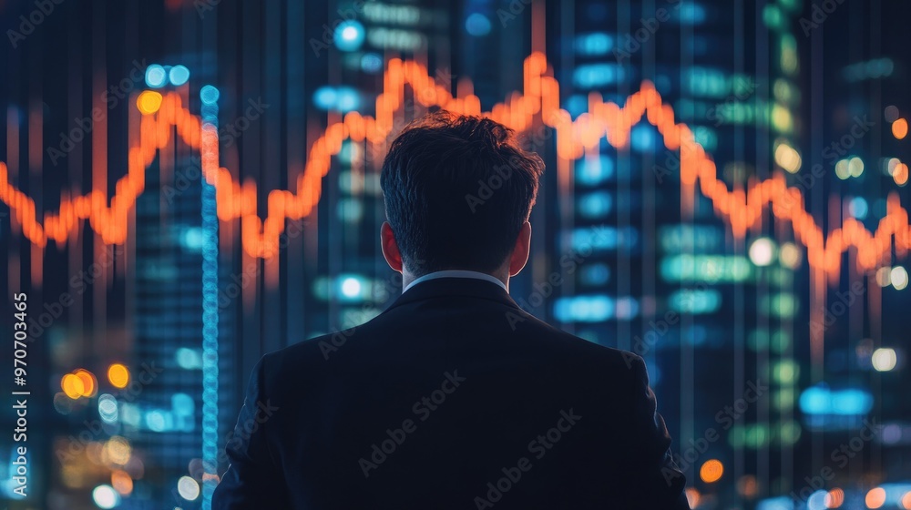 Businessman looking at a financial chart on a screen in a city at night. Businessman looking at a financial chart on a screen in a city at night.