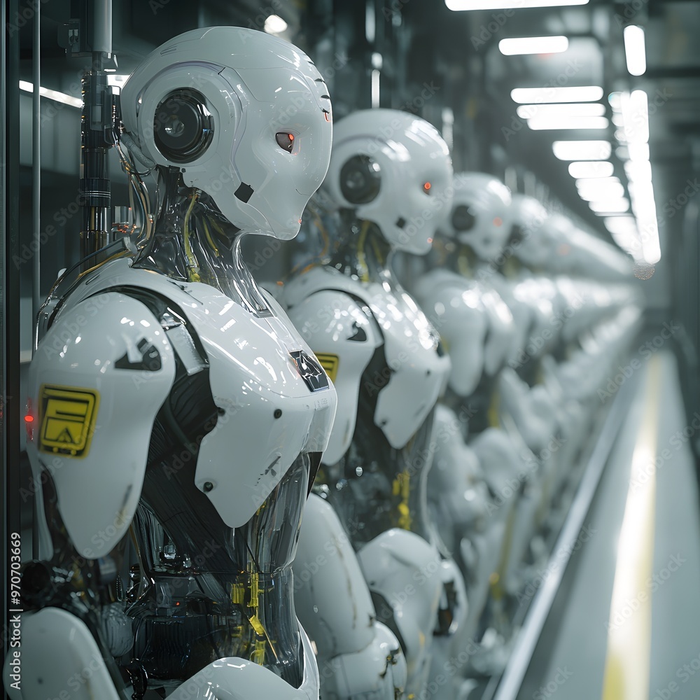 Robotics depicted as a futuristic factory where humanoid machines work in perfect harmony with AI systems. Robotics depicted as a futuristic factory where humanoid machines work in perfect harmony with AI systems.