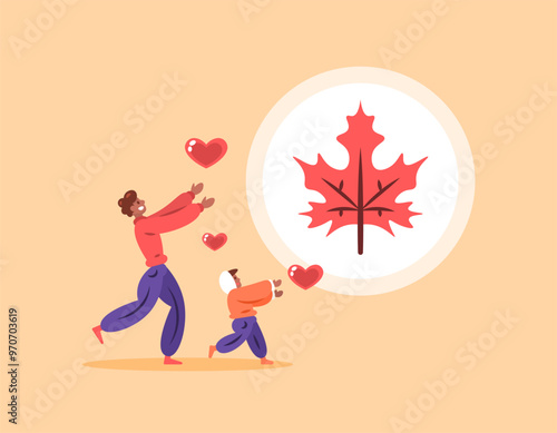 fall celebration concept. celebrating and enjoying autumn. illustration of father and son happy and running towards a maple leaf. people and season. flat style design. elements