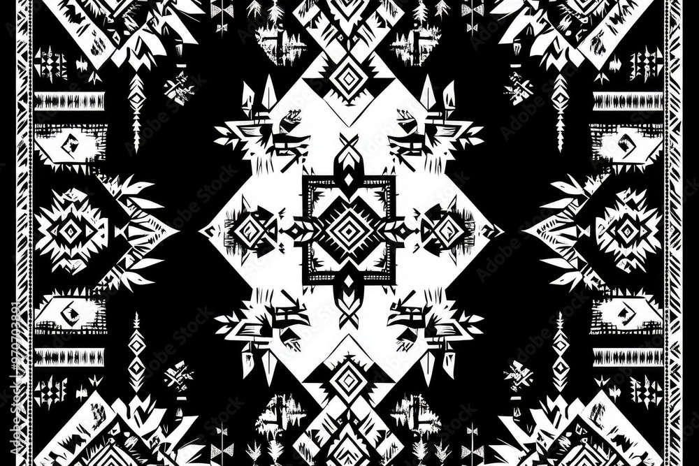 Ethnic black and white geometric vector pattern for textiles.