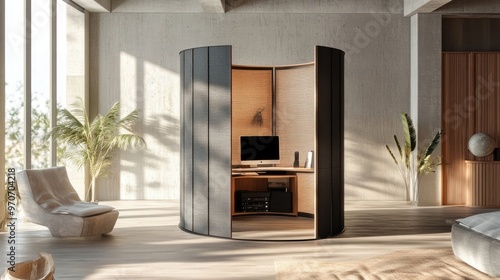 Acoustic room divider with built-in desk space