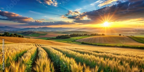 Sun-kissed wheat fields of Jezreel Valley stretch towards endless horizons, exuding warmth, vitality, and rustic charm in vibrant color palette with strong leading lines. photo