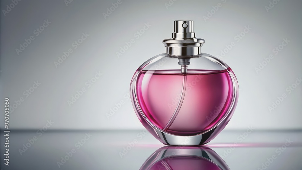 Pink perfume bottle with elegant curved design and silver lid, fragrance, beauty, fashion, feminine, stylish, luxury, scent Pink perfume bottle with elegant curved design and silver lid, fragrance, beauty, fashion, feminine, stylish, luxury, scent