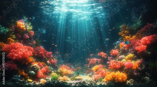 Vibrant underwater scene showcasing colorful coral reefs and fish.