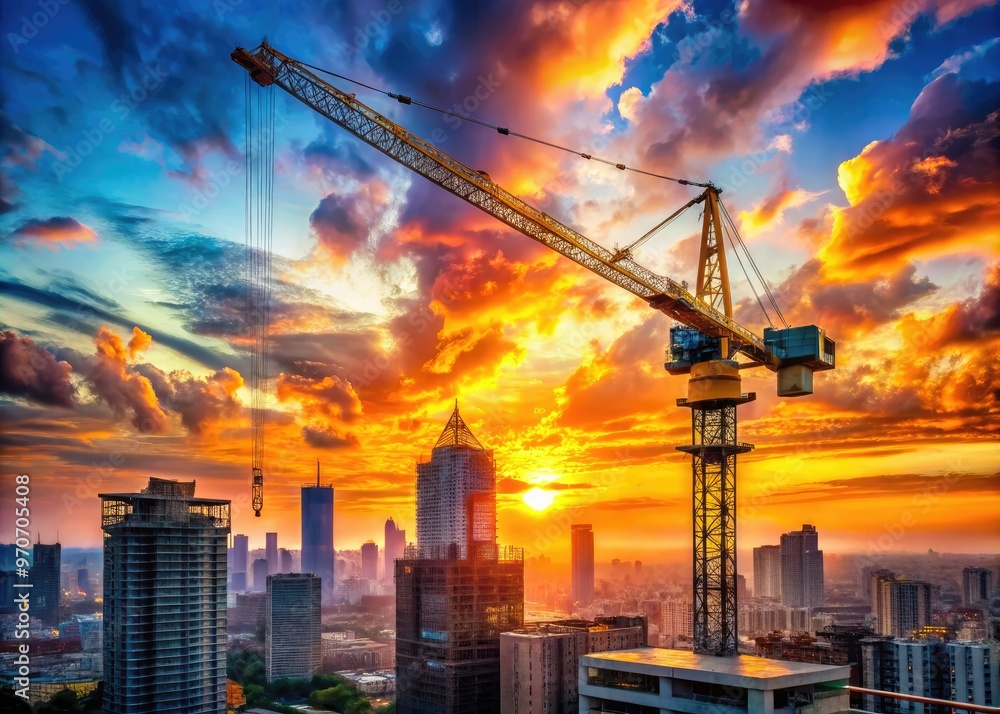 dramatic sunset crane backdrop sprawling metropolitan landscape urban renewal progress majestic skyscraper framework bold vibrant colors hope modernization promise dramatic sunset crane backdrop sprawling metropolitan landscape urban renewal progress majestic skyscraper framework bold vibrant colors hope modernization promise