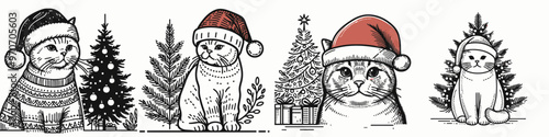 Festive cats in holiday attire surrounded by Christmas trees and decorations, perfect for seasonal celebrations.