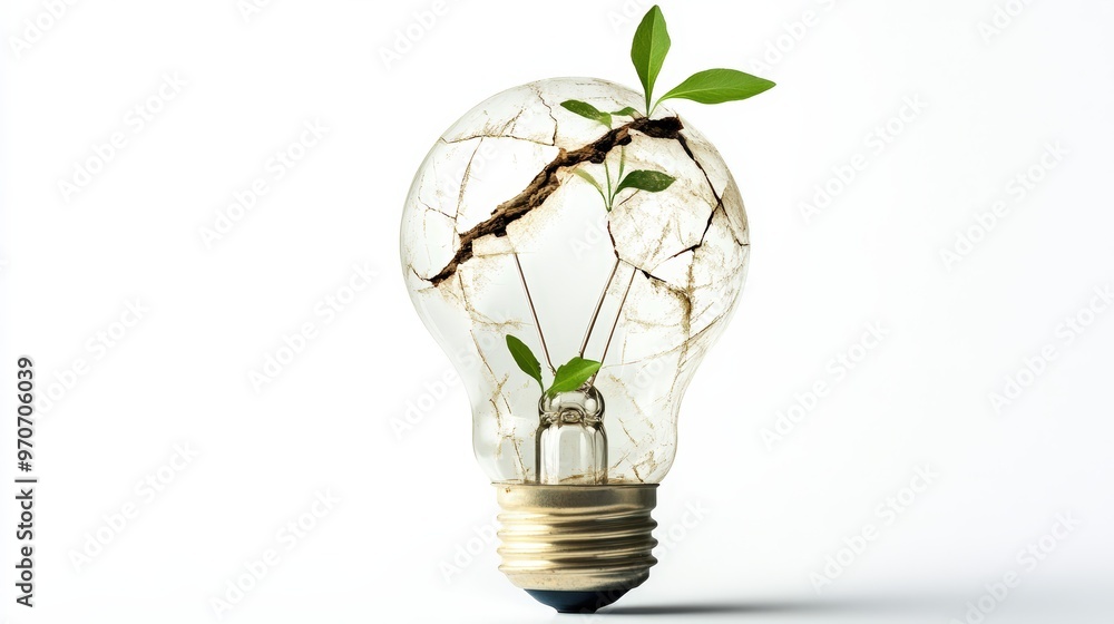 A Cracked Light Bulb With A Thriving Plant Growing From It Against A Clean White Background, Illustrating Nature'S Resilience . Generative ai A Cracked Light Bulb With A Thriving Plant Growing From It Against A Clean White Background, Illustrating Nature'S Resilience . Generative ai