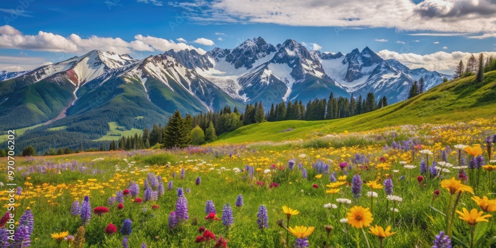 Fototapeta premium Mountain meadow in spring with wildflowers blooming and snowcapped peaks in the background, mountain, meadow