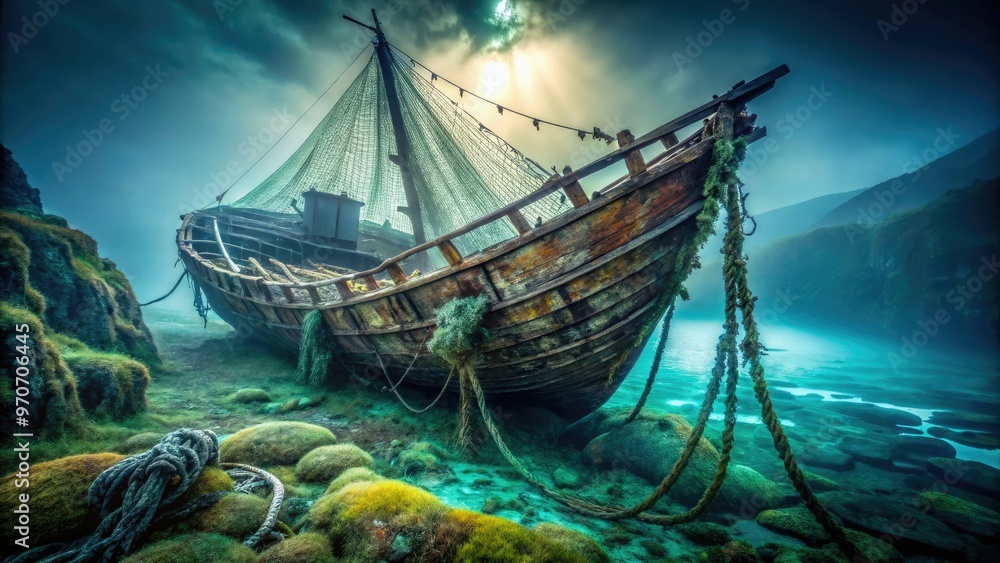 hauntingly beautiful abandoned shipwreck with fishnet-like ropes tangled around weathered wooden planks in eerie mist hauntingly beautiful abandoned shipwreck with fishnet-like ropes tangled around weathered wooden planks in eerie mist