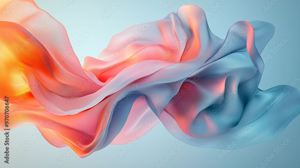 Obraz premium Elegant Abstract Colorful Shape Floating on a Light Blue Background, Featuring Smooth Curves, Gradient Color, and Soft Edges with Fluid Lines and Light Reflections for a Modern, Vibrant Design.