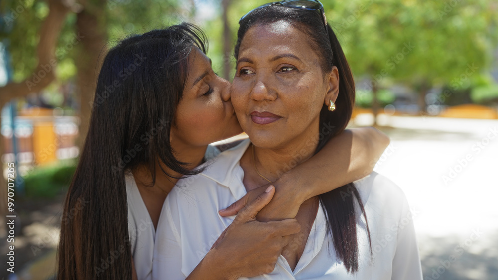 Fototapeta premium Daughter kissing mother in cheerful park setting with vibrant greenery and bright sunlight showcasing love and bond between family members