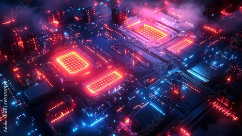 Futuristic circuit board with glowing elements and vibrant colors.