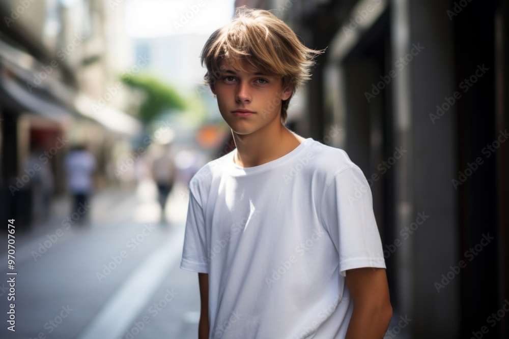 A young man in a white shirt stands on a sidewalk in front of a building A young man in a white shirt stands on a sidewalk in front of a building