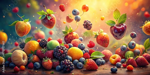 dreamy impressionist illustration of fruits and berries dissolving into a soft focus background with warm colors and gentle brushstrokes