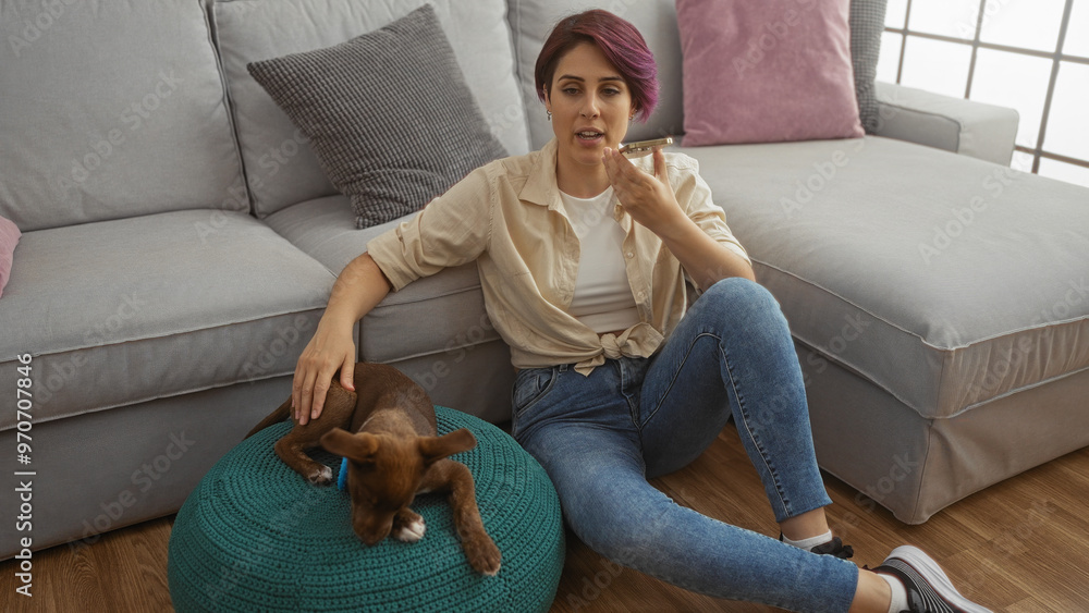 Φωτογραφία Young woman sitting in her living room sending a voice message holding her phone while her pet dog rests beside her on a cushion