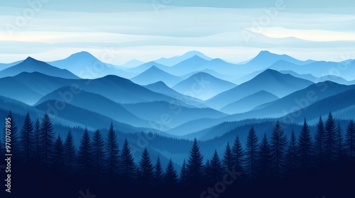 Blue Mountain Landscape with Pine Forest Silhouette