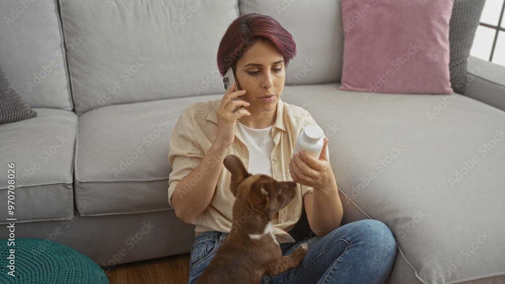 Young woman talking on the phone while holding a bottle, sitting in her living room with a small dog, adult, female, caucasian, home, house, indoors, pet. Young woman talking on the phone while holding a bottle, sitting in her living room with a small dog, adult, female, caucasian, home, house, indoors, pet.