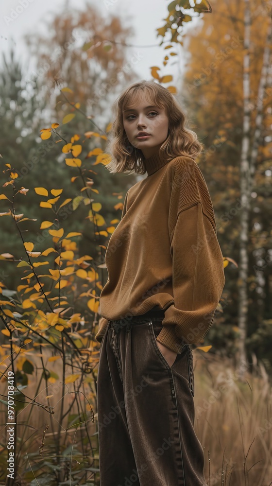 Young Woman in a Brown Sweater Posing in an Autumn Forest, Surrounded by Golden Leaves Young Woman in a Brown Sweater Posing in an Autumn Forest, Surrounded by Golden Leaves