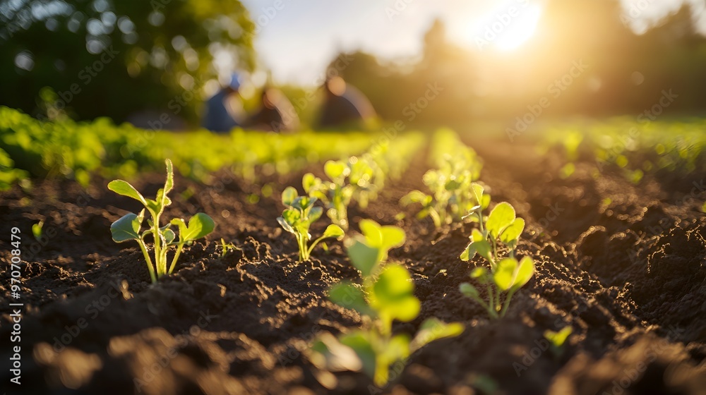 Φωτογραφία Close-up view of farmers carefully planting young seedlings in a lush,fertile soil field during a beautiful golden sunset