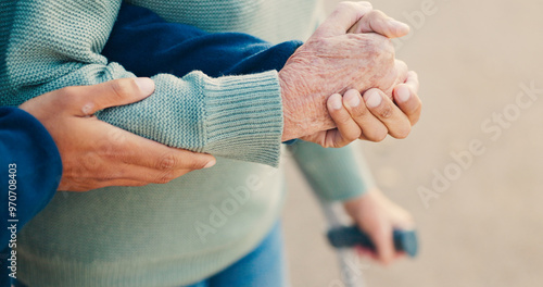 Slika na platnu Park, walking and hands of caregiver with senior person for assisted living, support and care in nature