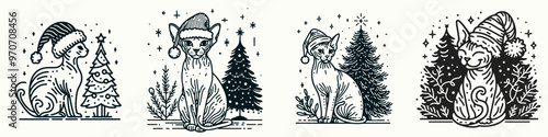 Festive illustration of cats wearing holiday hats surrounded by Christmas trees and snowflakes, perfect for seasonal decorations.