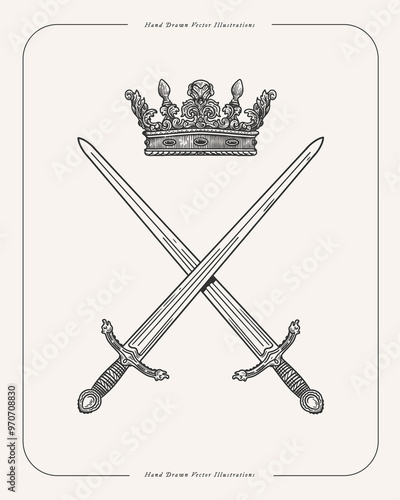Knightly swords with crossed blades and crown in engraving style. Ancient symbols of medieval king on light background. Vintage vector illustration for history book design or tattoo template.